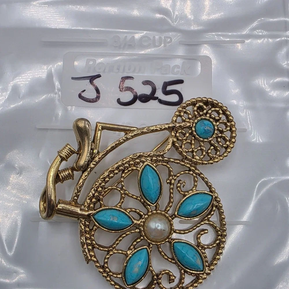 Vintage Bicycle Brooch Gold Tone‎ Turquoise Enamel Pearl Accents Pin Intricate